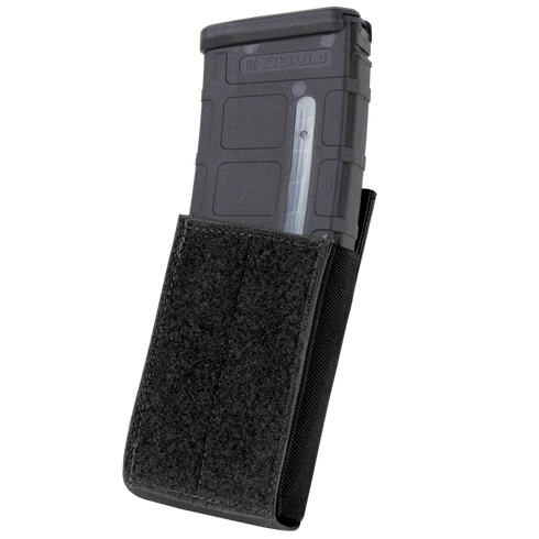 The Condor QD M4 Mag Pouch (2 Pack) holds a black polymer rifle magazine, features a Velcro flap, and is designed in black for military or law enforcement use.