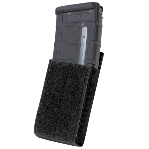 The Condor QD M4 Mag Pouch (2 Pack) holds a black polymer rifle magazine, features a Velcro flap, and is designed in black for military or law enforcement use.