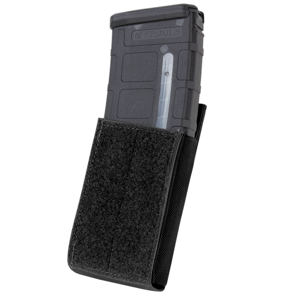 The Condor QD M4 Mag Pouch (2 Pack) holds a black polymer rifle magazine, features a Velcro flap, and is designed in black for military or law enforcement use.