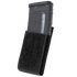 The Condor QD M4 Mag Pouch (2 Pack) holds a black polymer rifle magazine, features a Velcro flap, and is designed in black for military or law enforcement use.