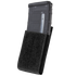 The Condor QD M4 Mag Pouch (2 Pack) holds a black polymer rifle magazine, features a Velcro flap, and is designed in black for military or law enforcement use.