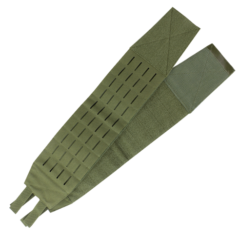 The Condor LCS VAS Slim Cummerbund in olive green features laser-cut slots and hook-and-loop fasteners, perfect for EDC or bushcraft setups, shown on a white background.