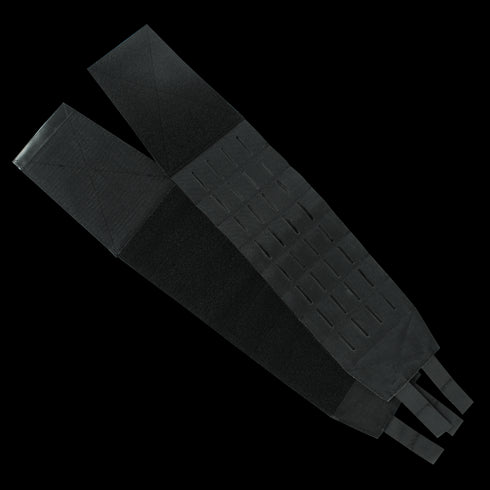 The Condor LCS VAS Slim Cummerbund in black features laser-cut MOLLE slots and adjustable straps, designed for military and law enforcement use. Shown laid flat on a white background.