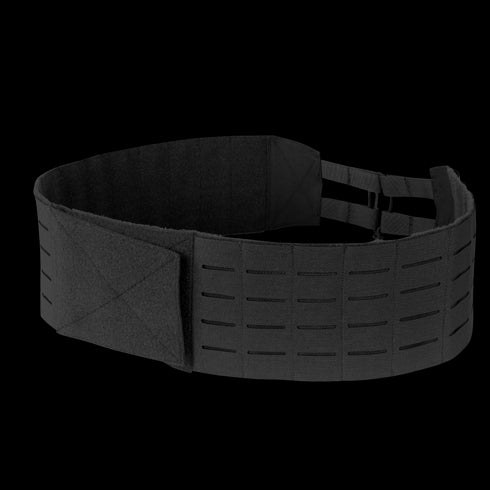 The Condor LCS VAS Slim Cummerbund in black features a laser-cut MOLLE panel and hook-and-loop closure, designed for military and law enforcement use. Displayed on a plain background.