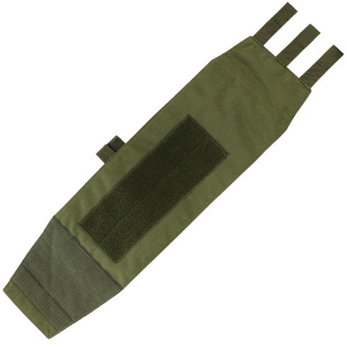 Condor VAS Modular Cummerbund in olive green nylon, featuring Velcro patches and three webbing loops, laid flat on a white background.