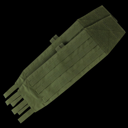 The Condor VAS Modular Cummerbund | SALE is a green tactical MOLLE panel with multiple attachment straps, designed for modular gear setup and accessory mounting.
