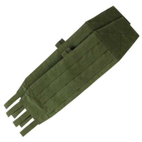 The Condor VAS Modular Cummerbund | SALE is a green tactical MOLLE panel with multiple attachment straps, designed for modular gear setup and accessory mounting.
