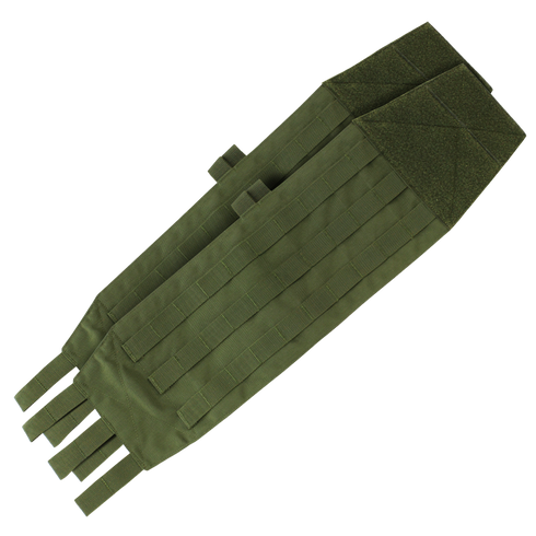 Two olive green Condor VAS Modular Cummerbund panels with reinforced stitching and attachment straps are laid side by side on a white background.
