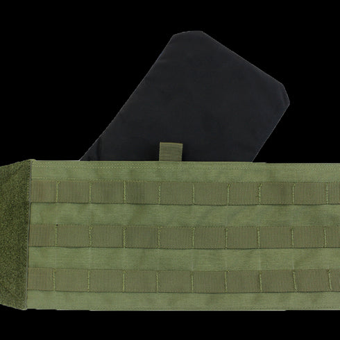 The Condor VAS Modular Cummerbund in green features horizontal webbing and comes with a black rectangular panel partially inserted behind it.