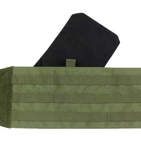 Condor VAS Modular Cummerbund in green, featuring horizontal MOLLE webbing and shown partially open to display a black soft armor insert positioned behind it.