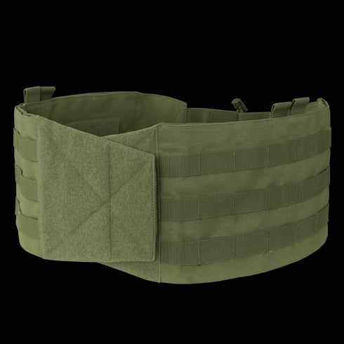 The Condor VAS Modular Cummerbund in olive green features a hook-and-loop closure and horizontal webbing for gear attachment, displayed on a plain background. Now on sale.