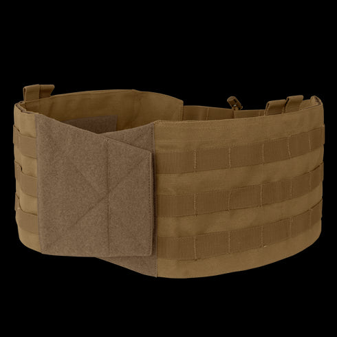 The Condor VAS Modular Cummerbund | SALE is a tan tactical MOLLE belt with a partially open Velcro flap, featuring horizontal webbing for attaching gear.