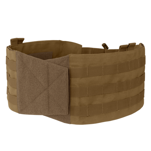 The Condor VAS Modular Cummerbund | SALE is a tan tactical MOLLE belt with a partially open Velcro flap, featuring horizontal webbing for attaching gear.