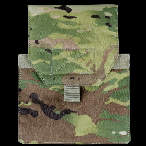 The Condor VAS Side Plate Insert in Scorpion OCP is a tactical military pouch featuring a camouflage pattern, flap closure, and a small front pull tab.