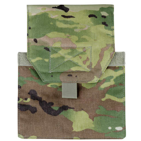 The Condor VAS Side Plate Insert in Scorpion OCP is a tactical military pouch featuring a camouflage pattern, flap closure, and a small front pull tab.