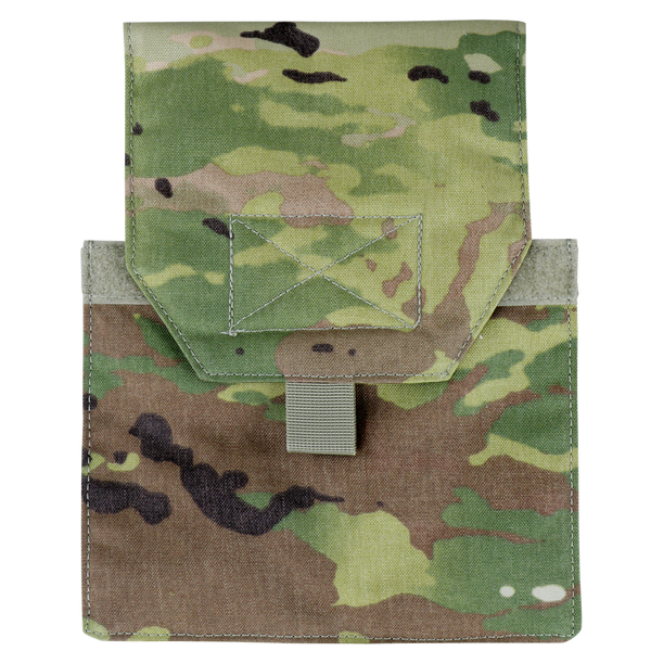 The Condor VAS Side Plate Insert in Scorpion OCP is a tactical military pouch featuring a camouflage pattern, flap closure, and a small front pull tab.