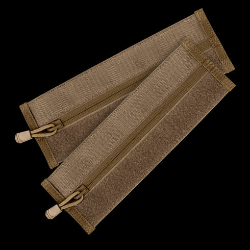 Two Condor VAS Zipper Strips in tan fabric, with pull tabs and velcro strips, are stacked against a white background—ideal for EDC or organizing bushcraft essentials.