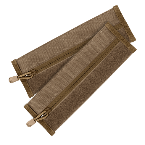 Two Condor VAS Zipper Strips in tan fabric, with pull tabs and velcro strips, are stacked against a white background—ideal for EDC or organizing bushcraft essentials.