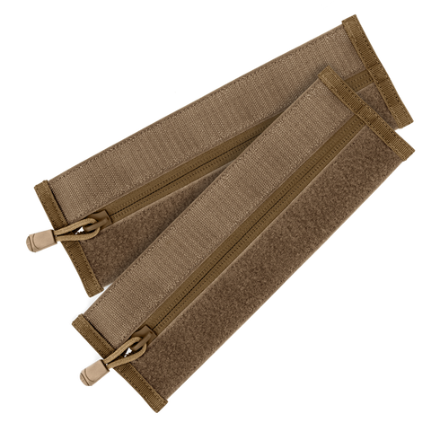 Two Condor VAS Zipper Strips in tan fabric, with pull tabs and velcro strips, are stacked against a white background—ideal for EDC or organizing bushcraft essentials.