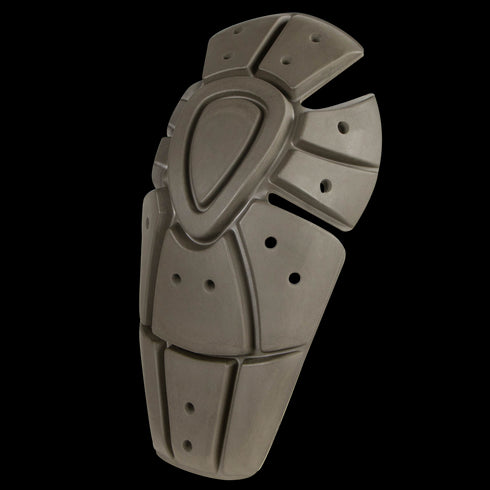 The Condor Knee Pad Pro Inserts are curved, segmented gray armor pieces with a central raised area and multiple holes, designed for protective padding in sports or motorcycling.