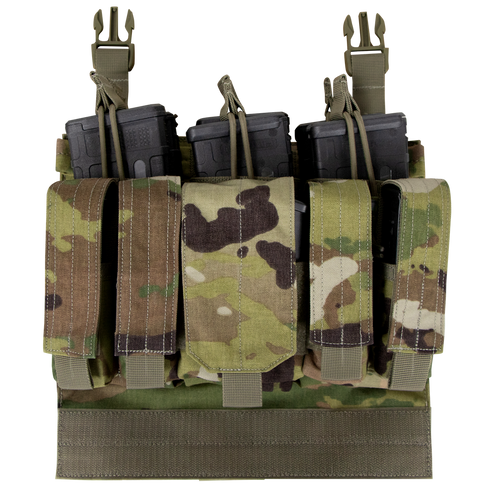 The Condor VAS Recon Mag Panel in Scorpion OCP is a camouflage chest rig with adjustable straps, featuring front hook-and-loop pouches to securely hold four rifle magazines—ideal for law enforcement or range use.