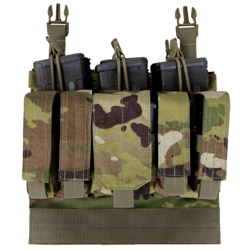The Condor VAS Recon Mag Panel in Scorpion OCP is a camouflage chest rig with adjustable straps, featuring front hook-and-loop pouches to securely hold four rifle magazines—ideal for law enforcement or range use.