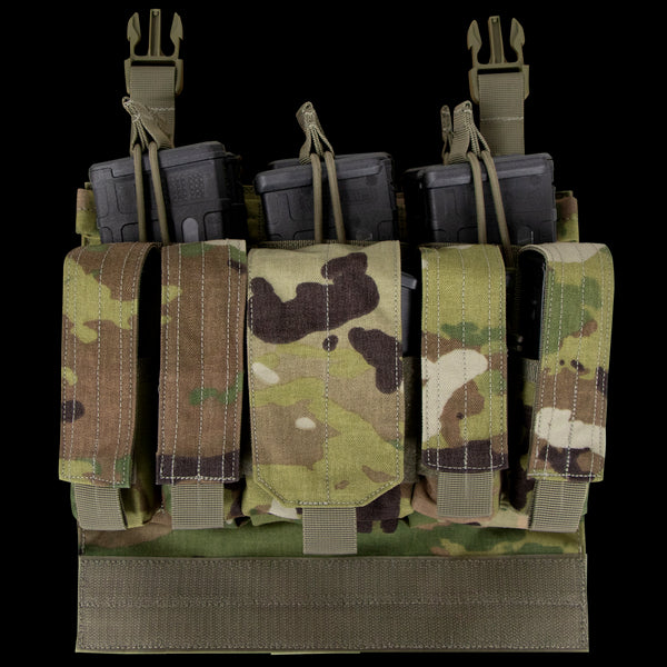 The Condor VAS Recon Mag Panel in Scorpion OCP is a camouflage chest rig with adjustable straps, featuring front hook-and-loop pouches to securely hold four rifle magazines—ideal for law enforcement or range use.