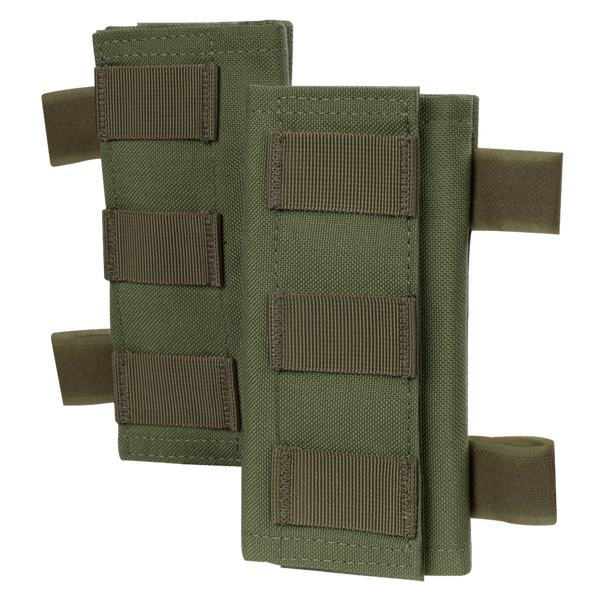 Two olive green Condor Shoulder Pad PCs, featuring horizontal straps and loops, made of durable fabric, displayed on a white background.