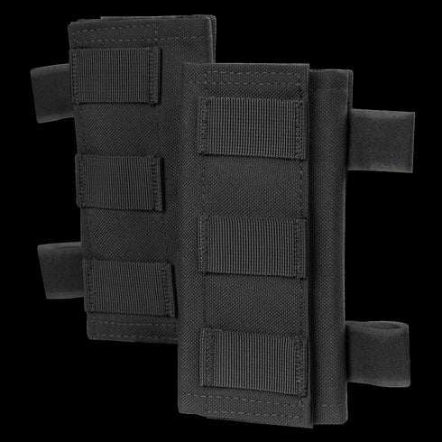 Two Condor Shoulder Pad PC pouches in black nylon, featuring multiple horizontal straps and reinforced edges, displayed side by side on a transparent background—ideal for bushcraft or military use.