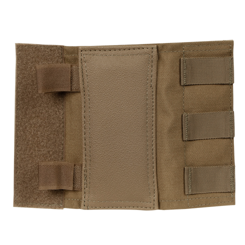 The Condor Shoulder Pad PC is a tan tactical nylon and leather pouch with hook-and-loop closures, multiple elastic straps on the right side, and added shock protection—an essential piece of tactical gear.