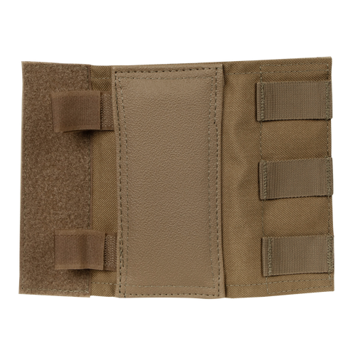 The Condor Shoulder Pad PC is a tan tactical nylon and leather pouch with hook-and-loop closures, multiple elastic straps on the right side, and added shock protection—an essential piece of tactical gear.