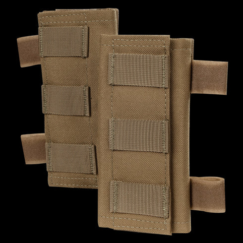 Two tan Condor Shoulder Pad PCs made of tactical nylon with horizontal webbing loops and Velcro straps, designed for mounting on MOLLE-compatible gear—ideal for military or first responder use.