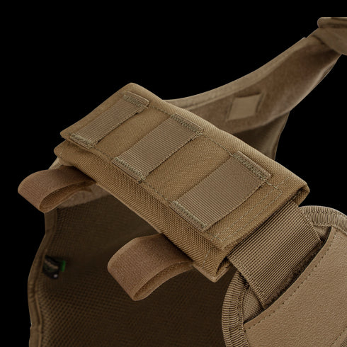 Close-up of the Condor Shoulder Pad PC in tan, showing reinforced stitching and hook-and-loop fastener. This padded accessory adds comfort and secure adjustment to tactical vests—perfect for upgrading your gear setup.