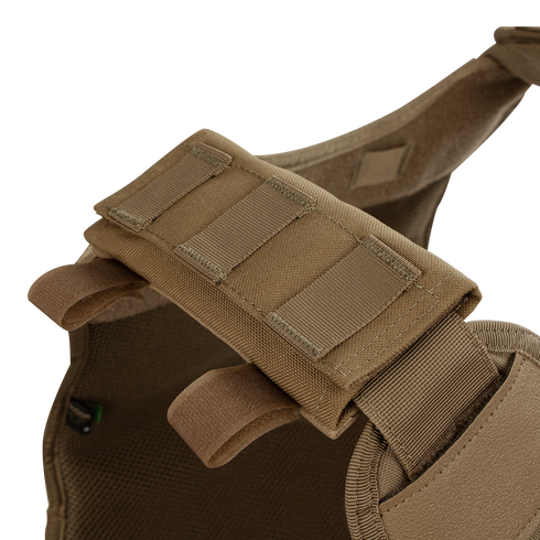 Close-up of the Condor Shoulder Pad PC in tan, showing reinforced stitching and hook-and-loop fastener. This padded accessory adds comfort and secure adjustment to tactical vests—perfect for upgrading your gear setup.
