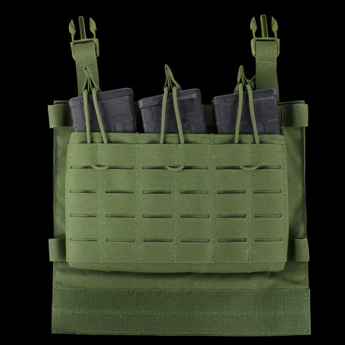 The Condor VAS Triple Mag Panel is a green tactical gear pouch for military or law enforcement, featuring three black rifle magazines in the front compartment secured by elastic cords.