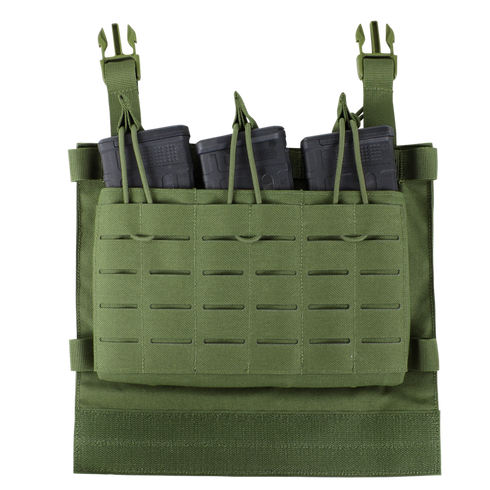 The Condor VAS Triple Mag Panel is a green tactical gear pouch for military or law enforcement, featuring three black rifle magazines in the front compartment secured by elastic cords.