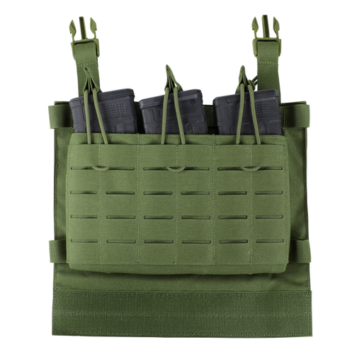 The Condor VAS Triple Mag Panel is a green tactical gear pouch for military or law enforcement, featuring three black rifle magazines in the front compartment secured by elastic cords.