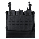 The Condor VAS Triple Mag Panel is a black tactical chest rig with three rifle magazine pouches, each secured by elastic bungee retention cords, ideal for law enforcement or shooting range use.