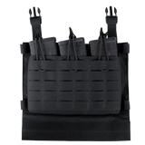 The Condor VAS Triple Mag Panel is a black tactical chest rig with three rifle magazine pouches, each secured by elastic bungee retention cords, ideal for law enforcement or shooting range use.