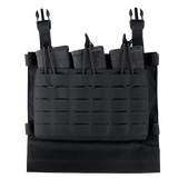 The Condor VAS Triple Mag Panel is a black tactical chest rig with three rifle magazine pouches, each secured by elastic bungee retention cords, ideal for law enforcement or shooting range use.