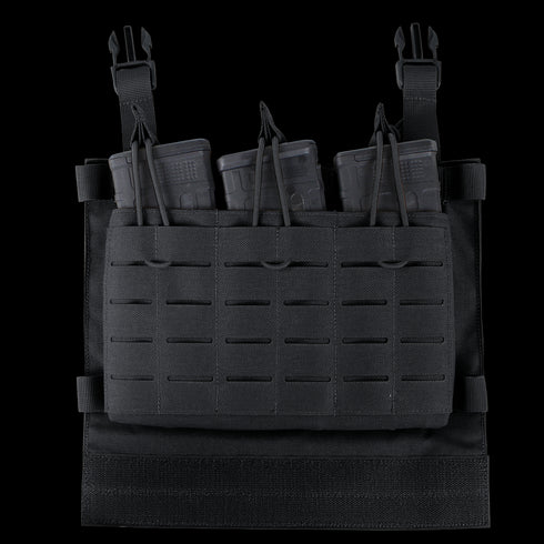 The Condor VAS Triple Mag Panel is a black tactical chest rig with three rifle magazine pouches, each secured by elastic bungee retention cords, ideal for law enforcement or shooting range use.