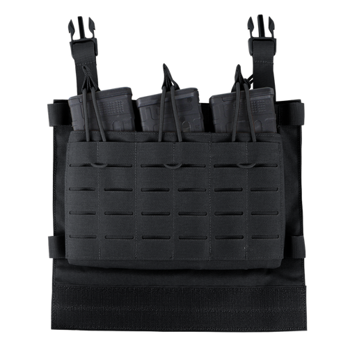 The Condor VAS Triple Mag Panel is a black tactical chest rig with three rifle magazine pouches, each secured by elastic bungee retention cords, ideal for law enforcement or shooting range use.