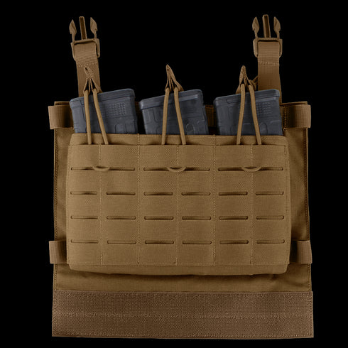 The Condor VAS Triple Mag Panel is a tan tactical chest rig for first responders, holding three black rifle magazines with elastic retention straps inside the front pouch.