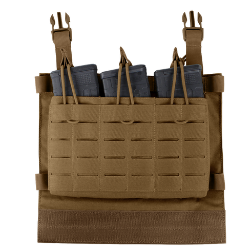 The Condor VAS Triple Mag Panel is a tan tactical chest rig for first responders, holding three black rifle magazines with elastic retention straps inside the front pouch.
