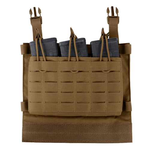 The Condor VAS Triple Mag Panel is a tan tactical chest rig for first responders, holding three black rifle magazines with elastic retention straps inside the front pouch.