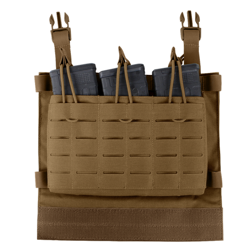 The Condor VAS Triple Mag Panel is a tan tactical chest rig for first responders, holding three black rifle magazines with elastic retention straps inside the front pouch.