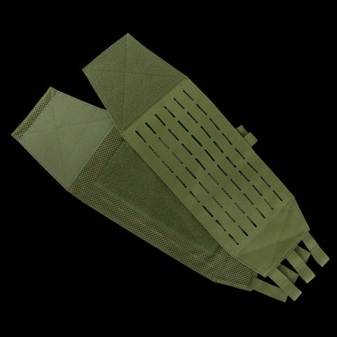 The Condor LCS VAS Modular Cummerbund | SALE features an olive green color, laser-cut slots, adjustable straps, and mesh panels for ventilation.
