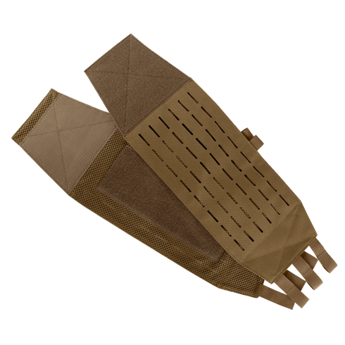 Two tan Condor LCS VAS Modular Cummerbund panels with hook-and-loop fasteners, mesh sections, and laser-cut slits for modular attachments.