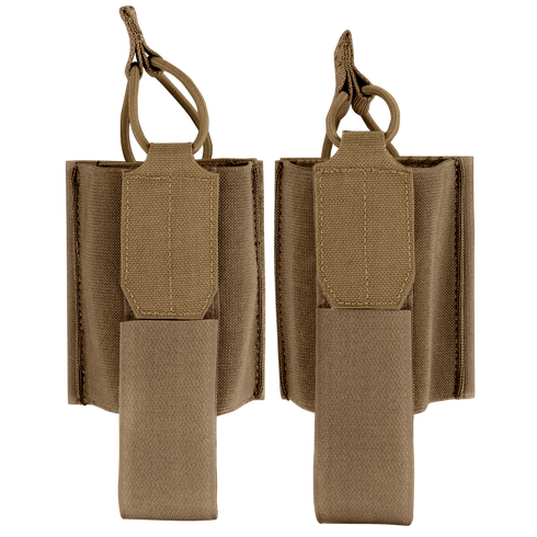 Two Condor VAS Wing Pouches in tan nylon with elastic retention straps and pull tabs for magazines or similar items, ideal for tactical use, displayed against a plain background.