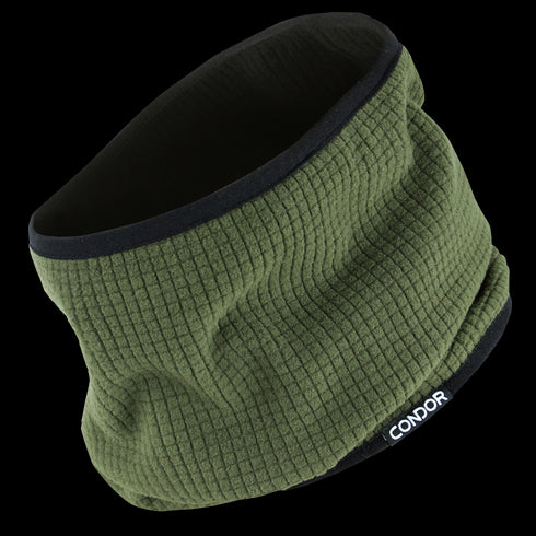 The Condor Reversible Gaiter features green textured fabric, black trim, and a small label at the edge—ideal for bushcraft or law enforcement—shown against a white background.